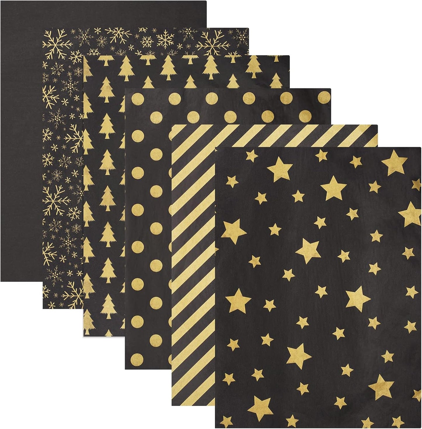 102 Sheets Tissue Paper Gift Wrap Bulk, 19.5" X 13.6" Christmas Tissue Paper for Wrapping, 6 Assorted Designs Golden Stars Snow Dots for Christmas Gift Bags, DIY and Craft (Blackgold)