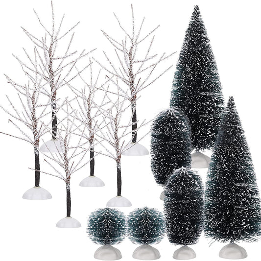 12 Pieces Christmas Tabletop Trees Halloween Village Trees Winter Snow Model Frost Trees Mini Trees Village Trees Christmas Tree Displays for Miniature Scenes Village Displays (Simple Style)