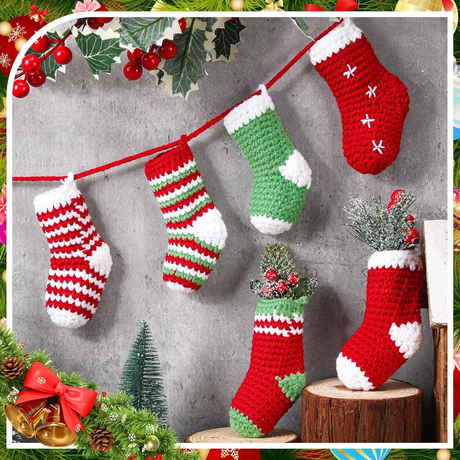 6 Pcs Mini Christmas Stocking Decorations Crochet Stocking Christmas Ornaments Christmas Advent Garland Stocking Hanging Ornaments for Christmas Tree Home Wall Holiday Party Gift, 4.8 Inch