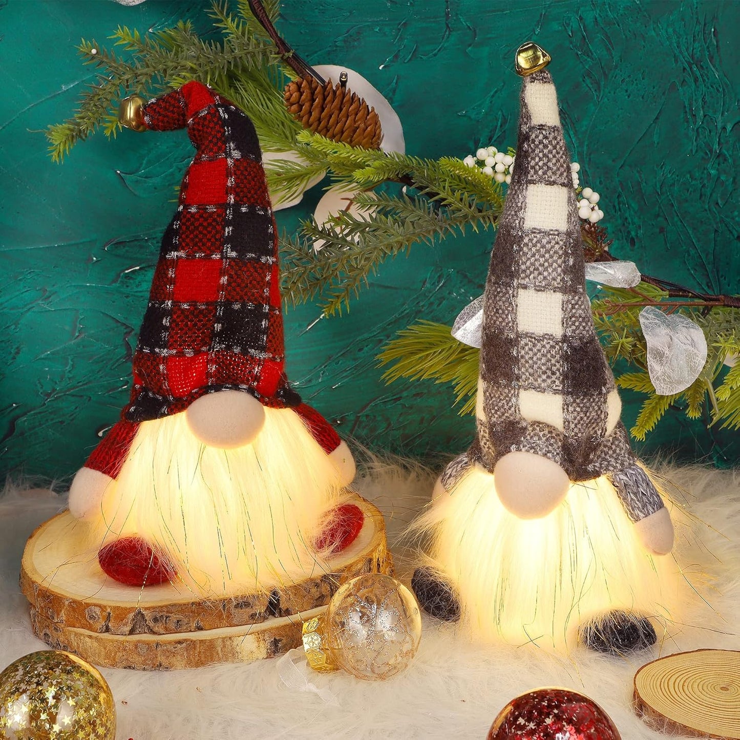 2 Pack Lighted Christmas Gnomes, 12 Inch Handmade Plush Scandinavian Swedish Tomte with Buffalo Plaid Hat, Light up Elf Toy Holiday Present, Battery Operated Xmas Gifts Winter Tabletop Decor