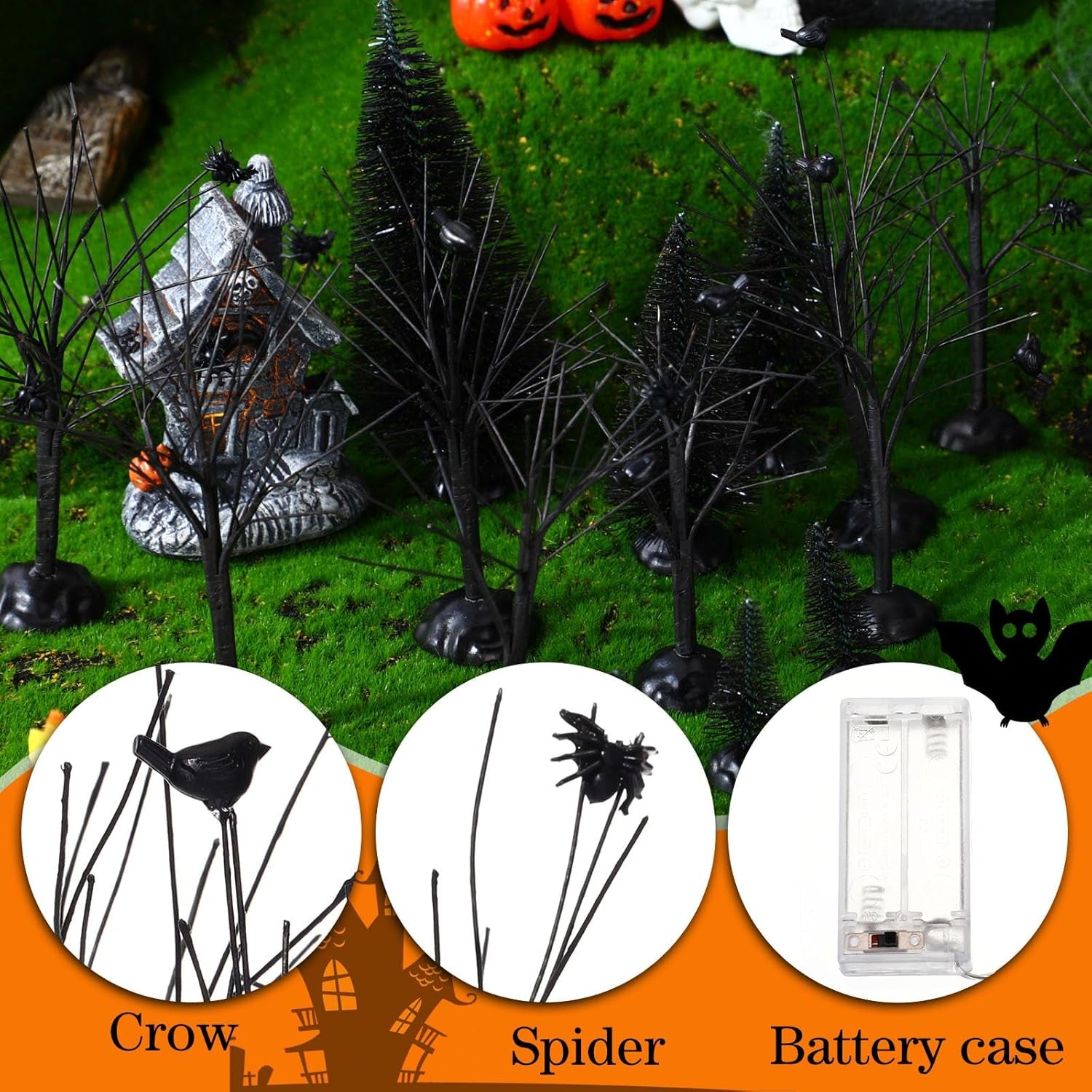 17 Pcs Halloween Village Accessories Set 8 Halloween Black Pine 8 Bare Branch Trees with 9.84 Ft Led Orange Light Battery Operated Village Tabletop Displays Spooky Tree for Halloween Party Table Decor