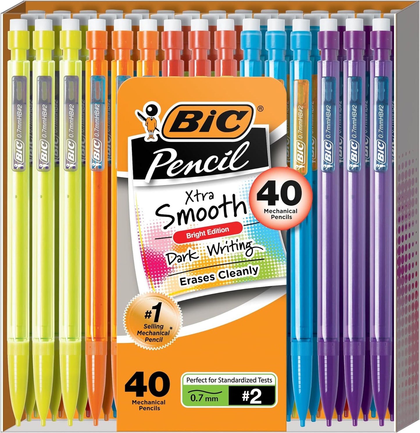 Xtra-Smooth Mechanical Pencils with Erasers (MPCE40-BLK), Bright Edition Medium Point (0.7Mm), 40-Count Pack, Bulk Mechanical Pencils for School, Barrel Colors May Vary