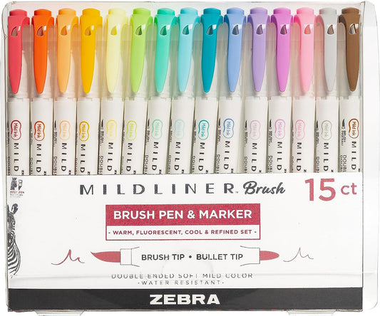 Pen Mildliner Brush Marker, Double Ended Brush and Fine Tip Pen, Assorted Soft Colors, 15 Count (Pack of 1)