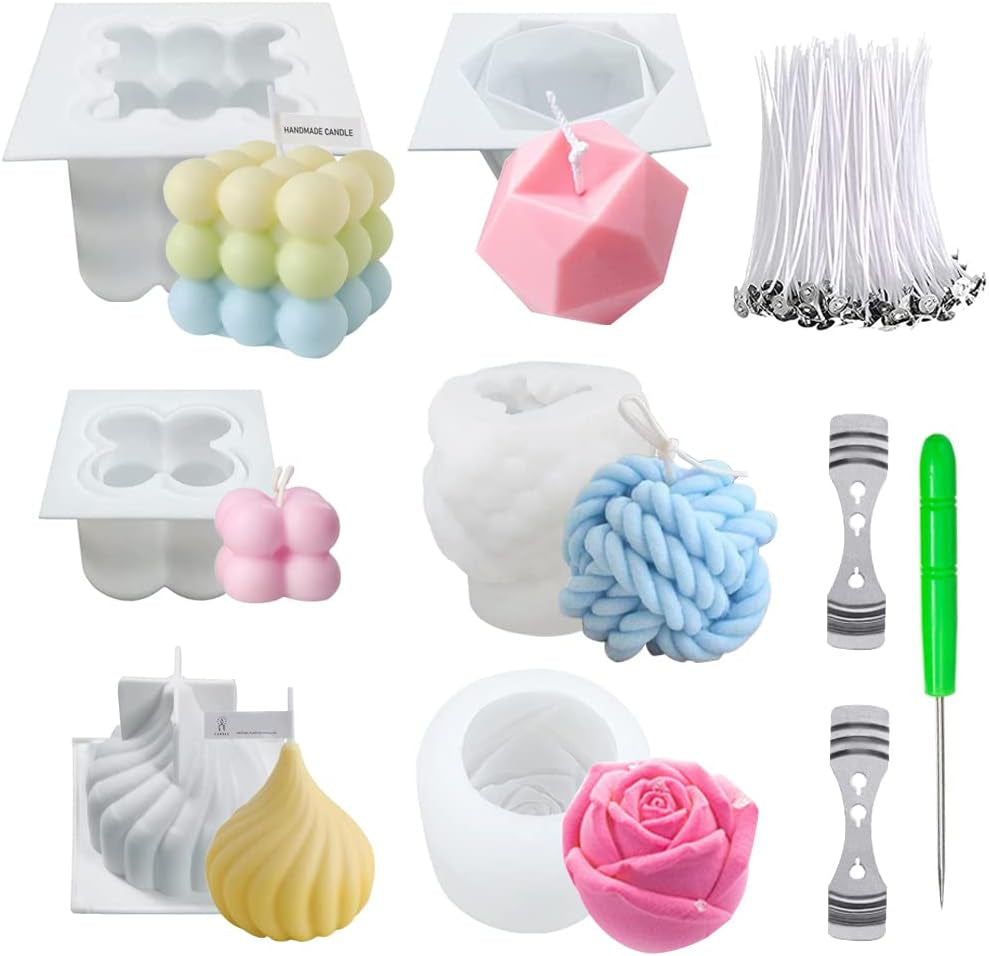 6Pcs Silicone Candle Molds Set for Candle Making, Yarn Ball Bubble Candle Mold, 3D Rose Silicone Mold, Cake Mold for Baking Desser, Silicone Mold for Soy Wax, Soap, DIY Scented Candle