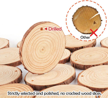 Natural Wood Slices 30Pcs 3.1''-3.5'' Unfinished Wood Crafts with Pre-Drilled Hole, Wood Slices Ornaments for Christmas DIY Rustic Crafts Wooden Circles Coasters Wedding Decor, 33 Feet Twine