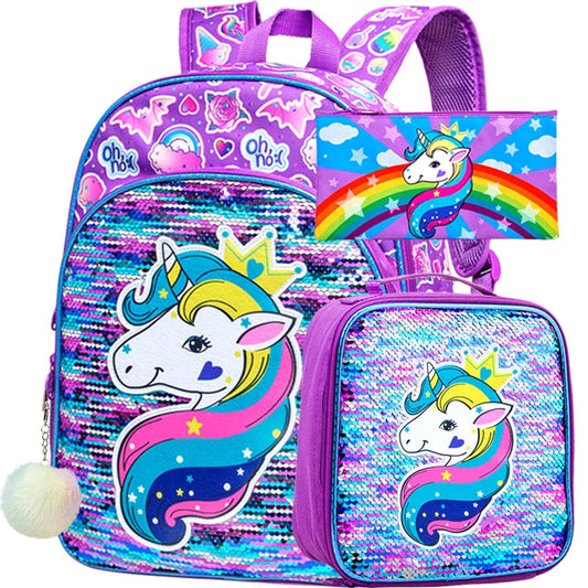 3PCS Kids Backpacks for Girls, 16" Little Kid Unicorn Sequin Preschool School Bookbags and Lunch Box