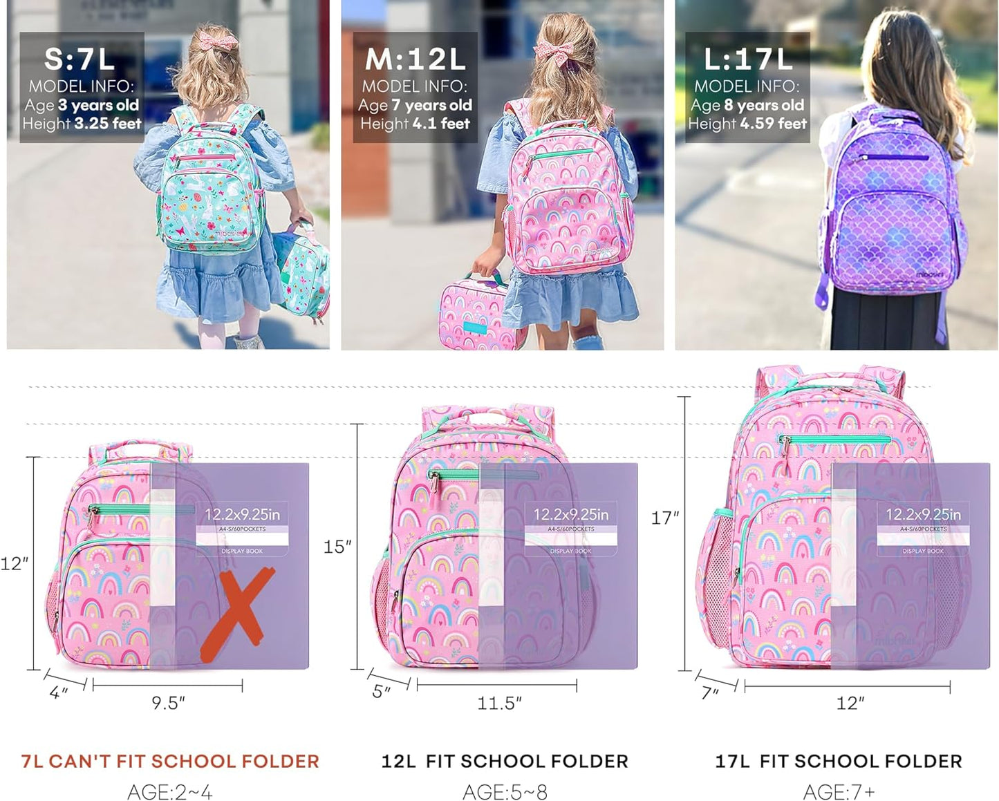 Girls Backpack for Elementary School, Backpack for Girls 5-8, Glitter Rainbow Kids Backpacks for Girls