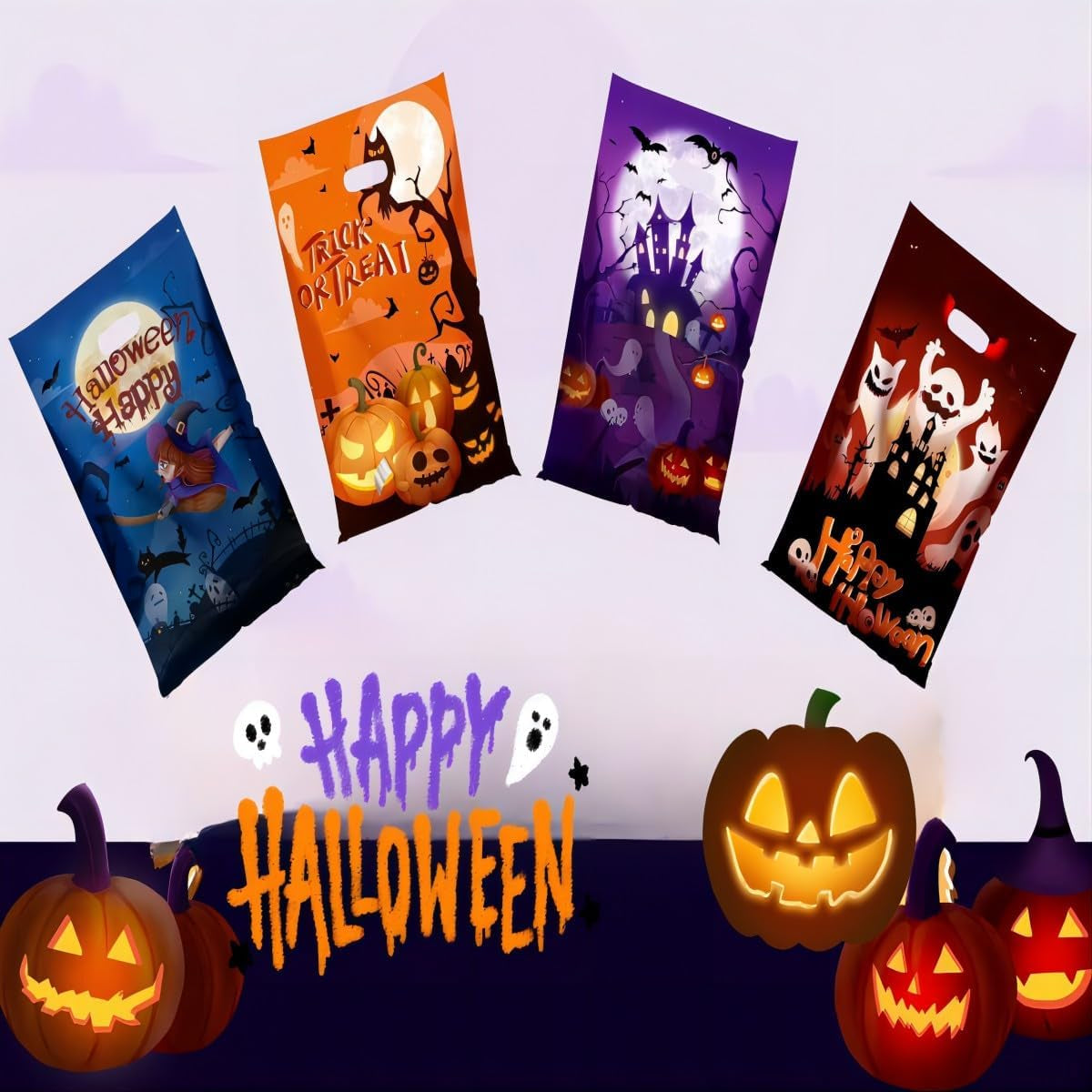 6.5''X10.5'' Halloween Cellophane Treat Bags with Handle, Halloween Trick or Treat 50 Pack Goodie Bags Halloween Candy Goody Bags for Halloween Decorations Party