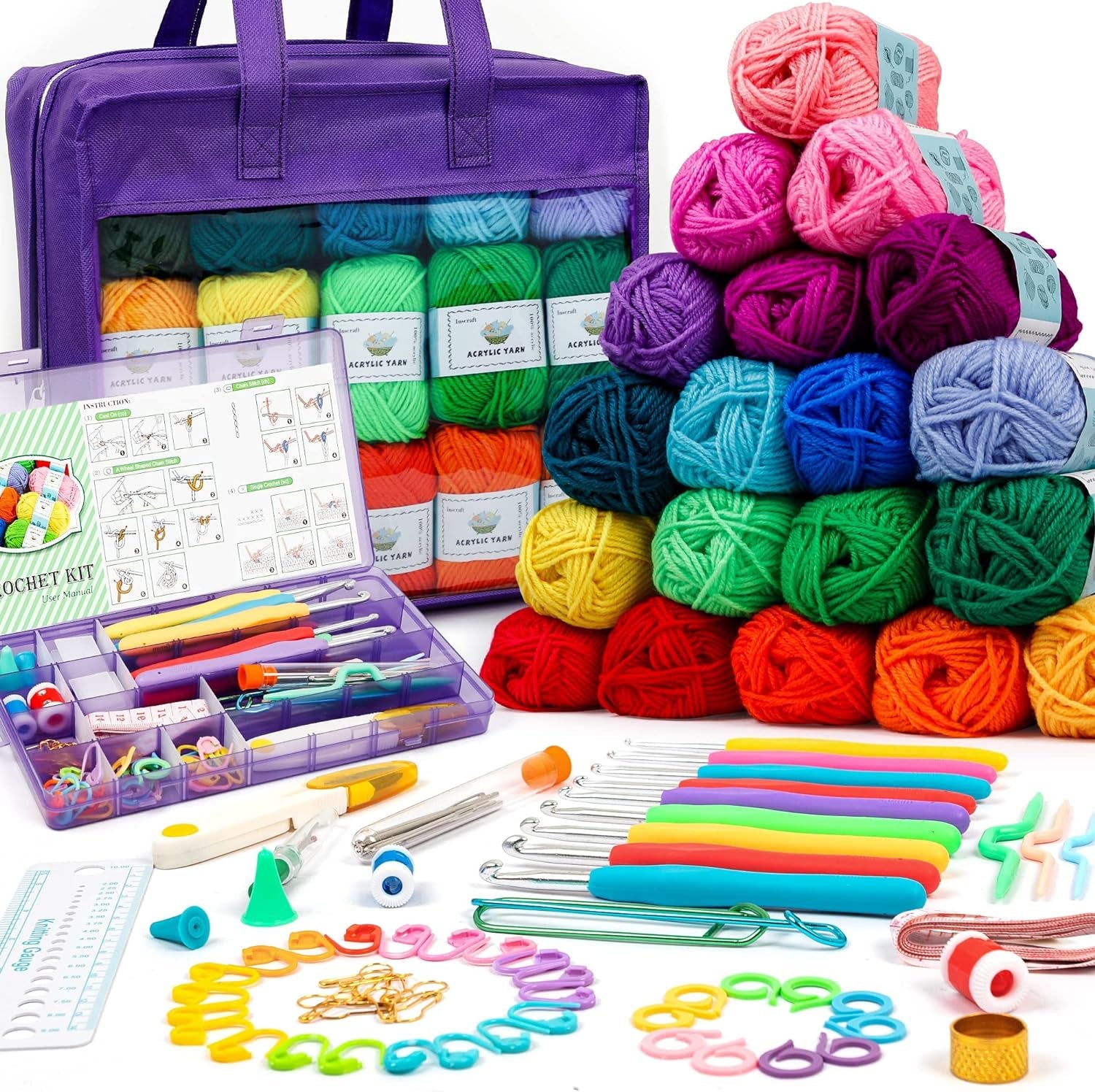 103 PCS Crochet Kit with Crochet Hooks Yarn Set, Premium Bundle Includes 1650 Yards Acrylic Yarn Skeins Balls, Needles, Accessories, Bag, Ideal Starter Pack for Kids Adults Beginner Professionals