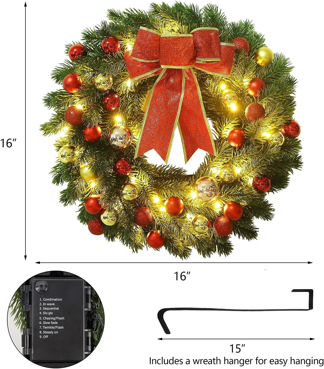 21 Inch Pre-Lit Christmas Wreath with Metal Hanger, Lighted Xmas Folded Wreath with 60 LED Lights, Red Bow and Colorful Balls, Battery Operated & Timer for Outdoor Home Window Wall Front Door