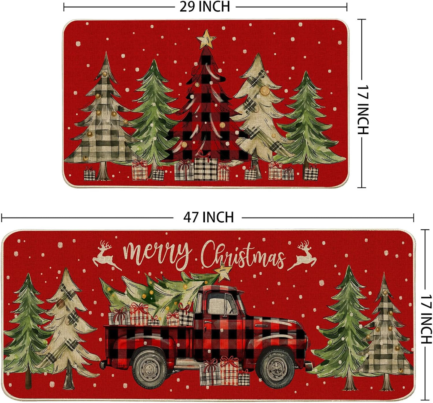 Christmas Kitchen Mats for Floor - Farmhouse Truck Buffalo Plaid Christmas Kitchen Decor - Red Christmas Kitchen Rugs Set of 2, Christmas Decorations for Home, Indoor 17"X27+17"X47"