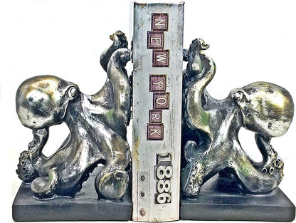 Decorative Bookends Octopus Pirate Sailors Nautical Home Decor Vintage Antique Cute Cool Book Ends Unique Accents Silver 6 Inch