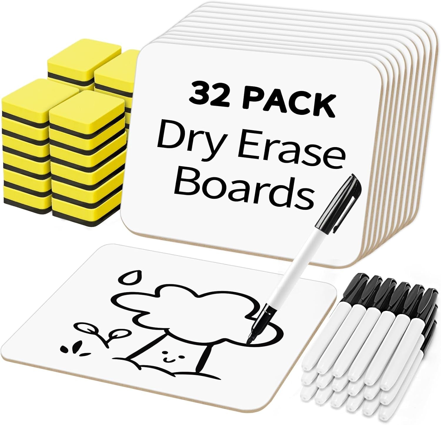 Small White Board, 32 Pack Dry Erase Board, 9"×12" Mini White Board Double Sided for Students, Whiteboard Bulk with 32 Markers, 32 Erasers, Office Supplies, Classroom Must Haves