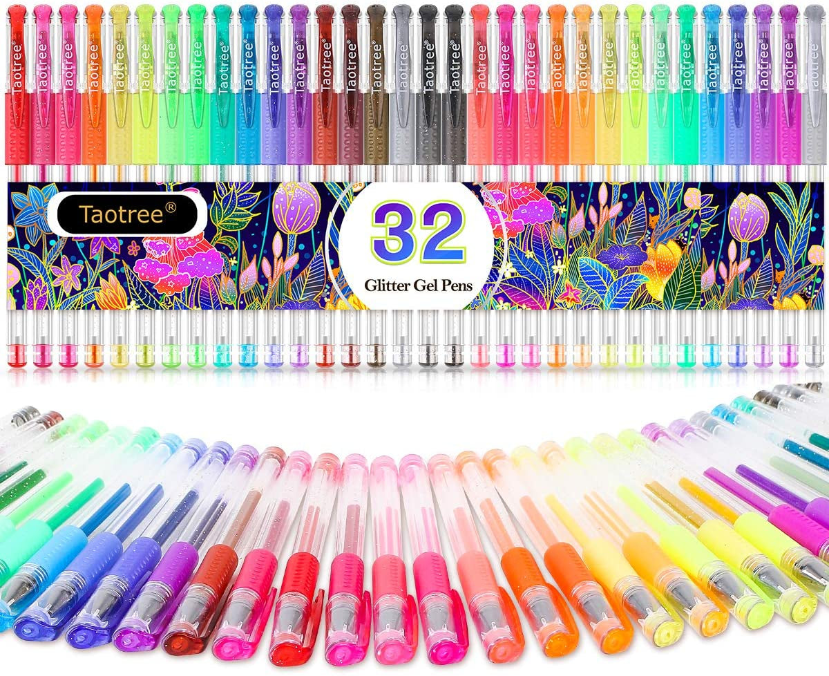 Glitter Gel Pens, 32 Color Neon Glitter Pens Fine Tip Art Markers Set 40% More Ink Colored Gel Pens for Coloring Book, Drawing, Doodling, Scrapbook, Journaling, Sparkle Pen Easter Gifts Kids
