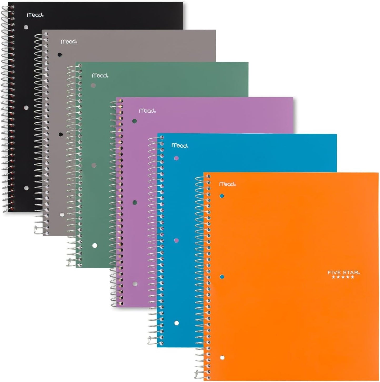 Spiral Notebook + Study App, 6 Pack, 1 Subject, Graph Ruled Paper, 8-1/2" X 11", 100 Sheets, Fights Ink Bleed, Water Resistant Cover, Purple, Orange, Green, Blue, Gray, Black (73549)