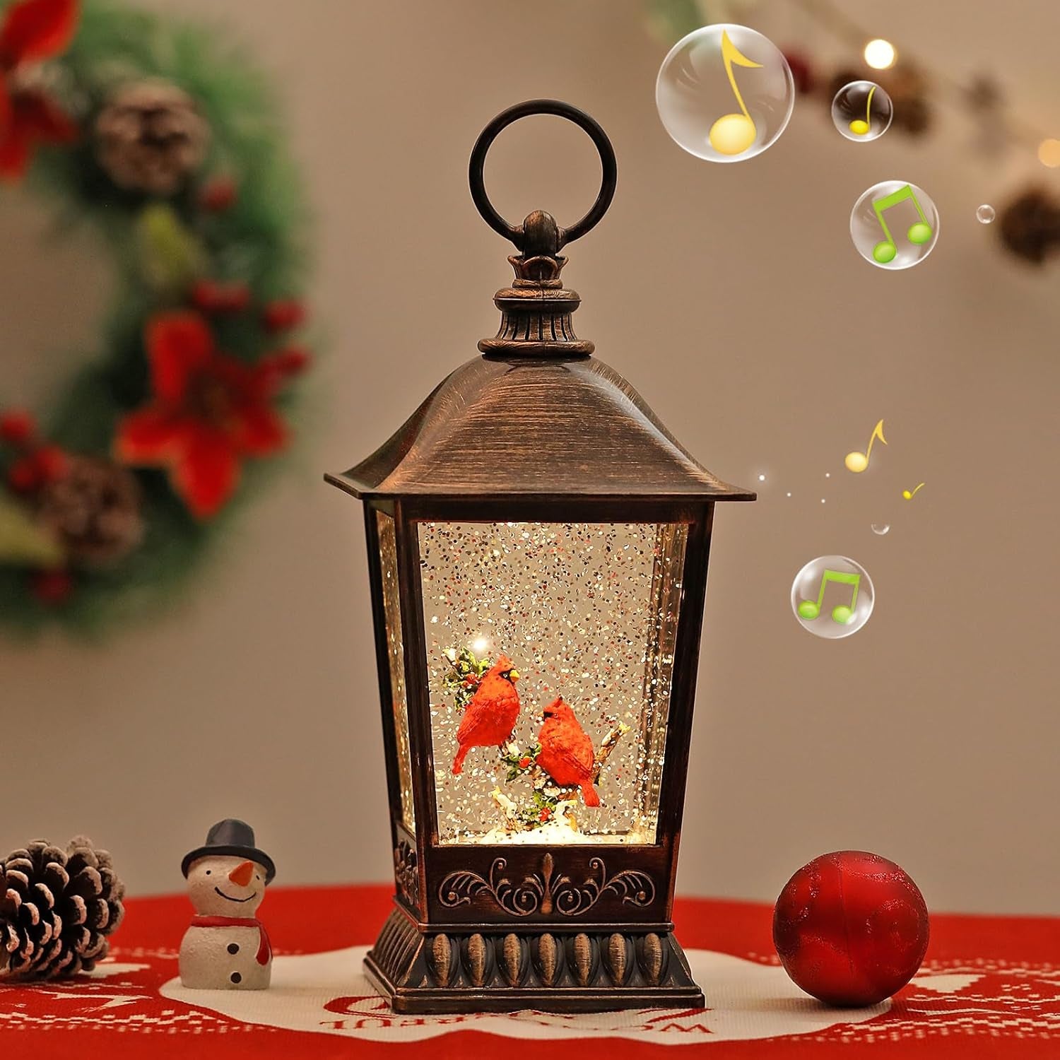 Cardinal Christmas Snow Globe, 11 Inch Musical Snow Globe Lantern, 6H Timer Lighted Christmas Snow Lantern, USB and Battery Operated Lantern, Christmas Decoration for Holiday Season Home Decor.