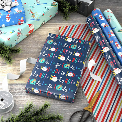 Reversible Christmas Wrapping Paper for Kids (3 Rolls: 120 Sq. Ft. Total) Snowmen, Stripes, Trees, Skiing Santa, Zebras, Hedgehogs, Penguins