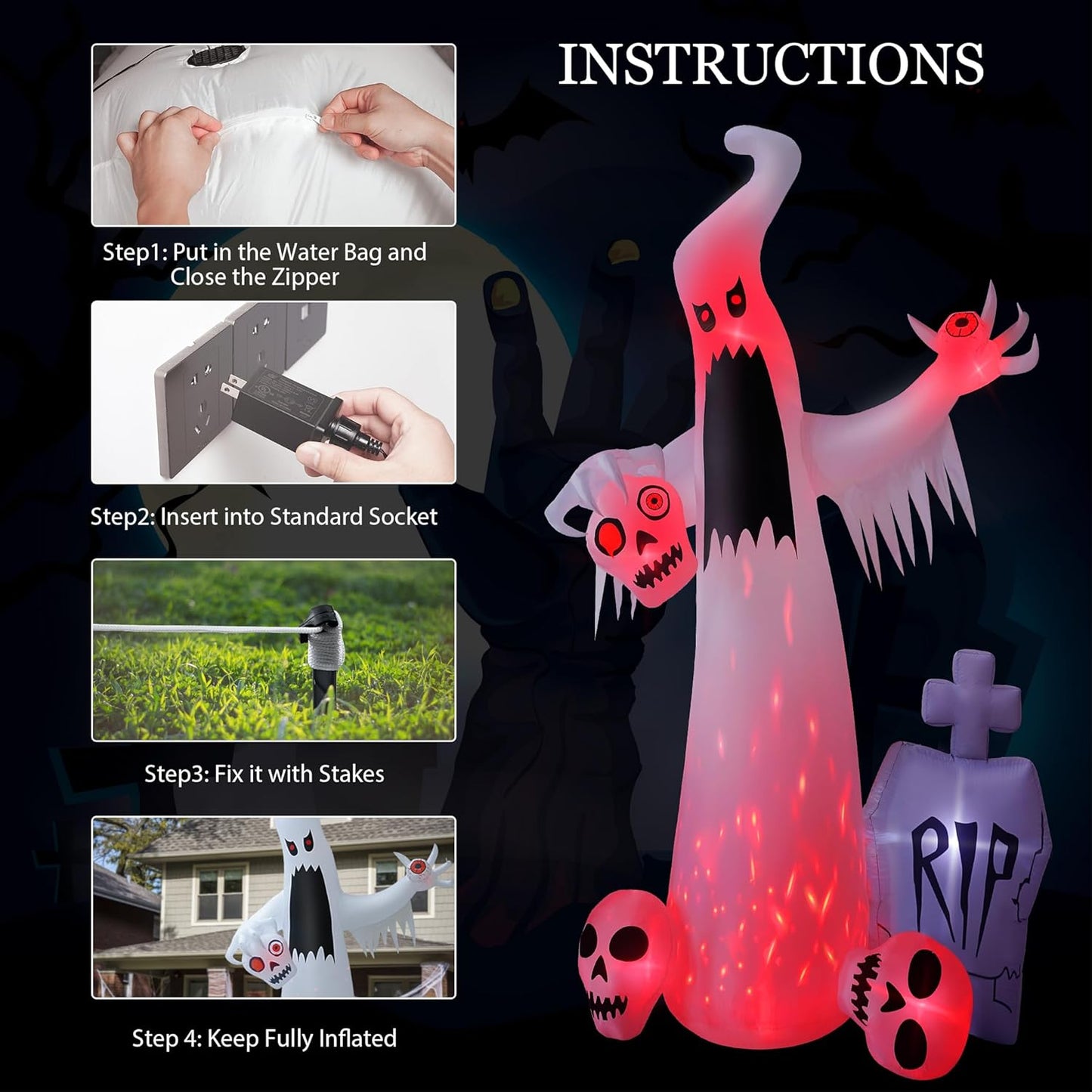 12 FT Halloween Inflatables Outdoor Halloween Blow up Yard Decorations Horror White Ghost with 3 Skull Heads Bleeding Eyeball Tombstone Halloween Decorations Clearance for Party Yard Garden