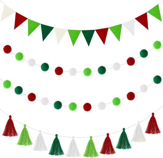 9.8 Feet Christmas Pom Pom Garland Felt Fabric Garland Set Colorful Tassel Garland 3.6 Feet Felt Pennant Banner for Xmas Tree Classroom School Christmas Fireplace Birthday Party(Red Green)