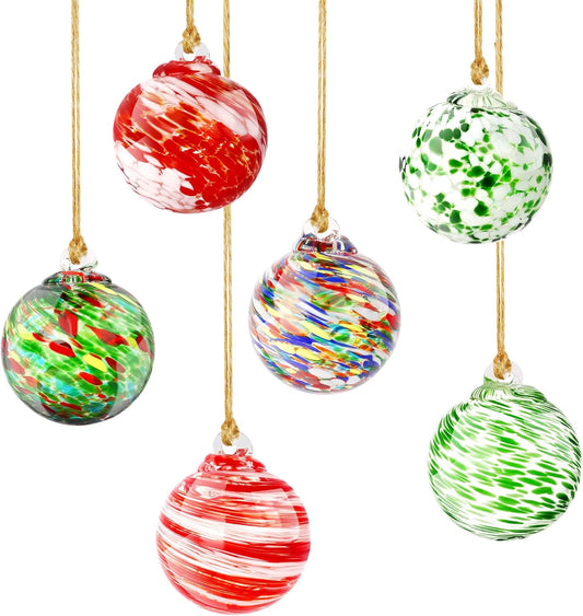 Glass Christmas Ball Ornaments, 6 PCS Hand Blown Glass Ornaments Balls Hanging Friendship Balls Glass Witches Balls Gazing Balls for Home Window Outdoor Garden Patio Décor