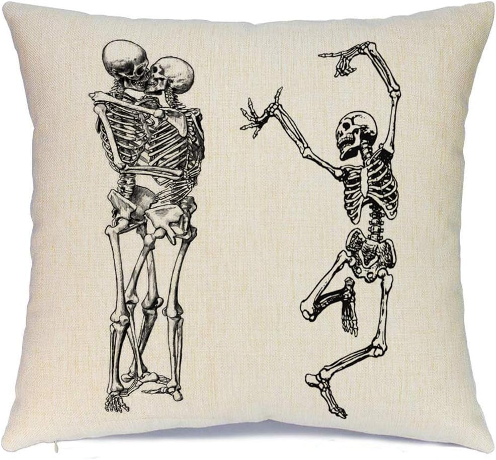 Halloween Pillow Covers Skeleton Skull Pumpkin Throw Pillowcases Set of 4 Cotton Linen Pillow Cushion Cover for Halloween Decorations, 16 by 16 Inch