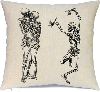 Halloween Pillow Covers Skeleton Skull Pumpkin Throw Pillowcases Set of 4 Cotton Linen Pillow Cushion Cover for Halloween Decorations, 18 by 18 Inch