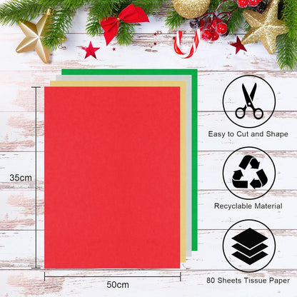 Red Green White Tissue Paper Assortment 80 Sheets Christmas Wrapping Tissue Paper Bulk 14X20 Inch Tissue Paper for Gift Bag Wrapping DIY Crafts Filler Christmas Birthday Party Decor