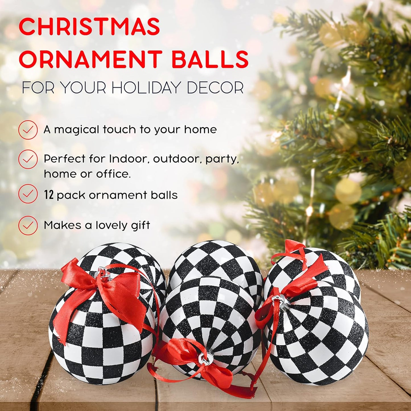 Black and White Ornaments - Glittered Black and White Checkered Ball Checked Ornament with Red Bow, Glitter, and String Christmas Tree Xmas Decoration Set - 3.5" Pack of 12