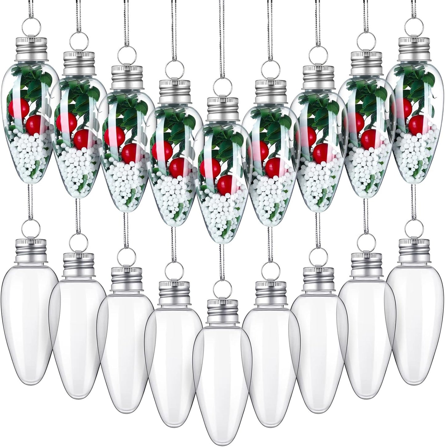 60 Pcs Christmas Clear Plastic Bulb Shape Ornaments Fillable DIY Light Bulb Clear Christmas Ornaments Fillable Ornaments Empty Lightbulbs with 2 Pcs Silver Rope and for Candy DIY Craft Tree Decor