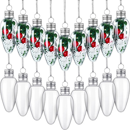 60 Pcs Christmas Clear Plastic Bulb Shape Ornaments Fillable DIY Light Bulb Clear Christmas Ornaments Fillable Ornaments Empty Lightbulbs with 2 Pcs Silver Rope and for Candy DIY Craft Tree Decor