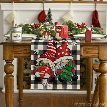 Buffalo Plaid Gnome Bell Xmas Tree Christmas Table Runner, Seasonal Winter Kitchen Dining Table Decoration for Home Party Decor 13X72 Inch