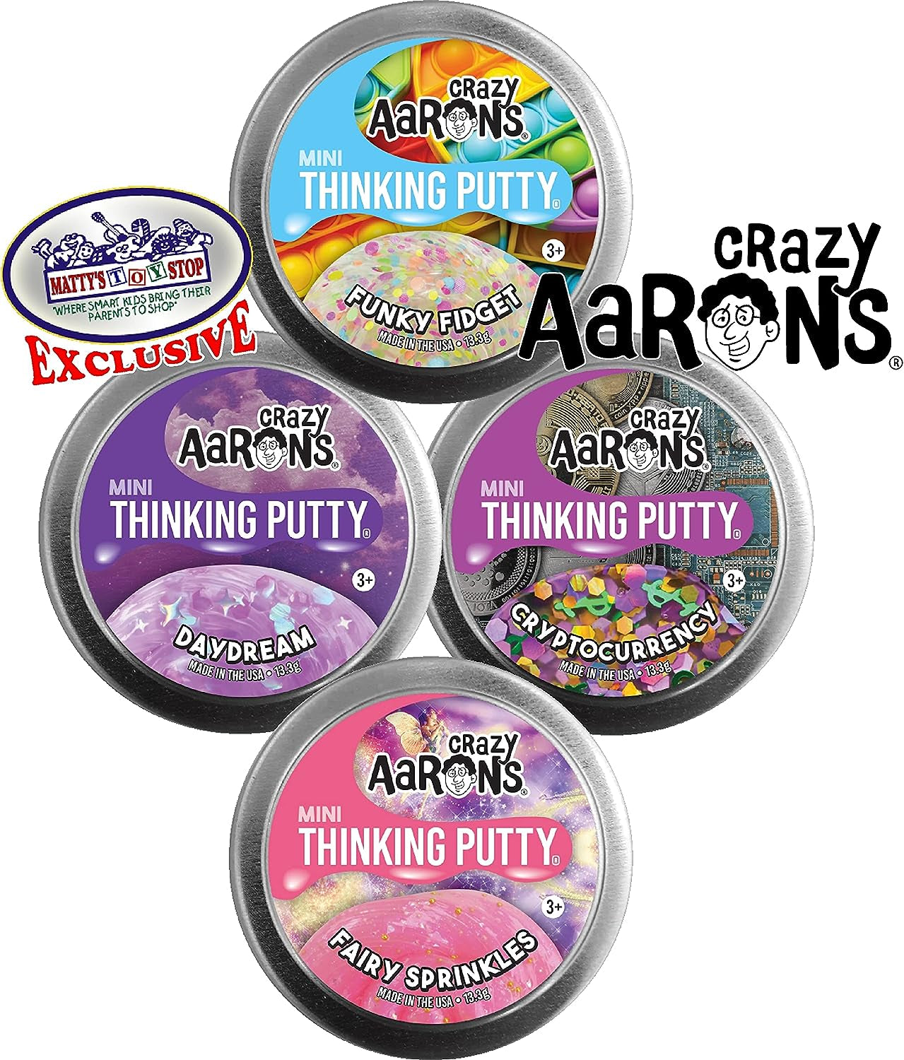 Putty Mini Tins Funky Fidget, Daydream, Cryptocurrency & Fairy Sprinkles Gift Set Bundle - 4 Pack (13.3G Each)