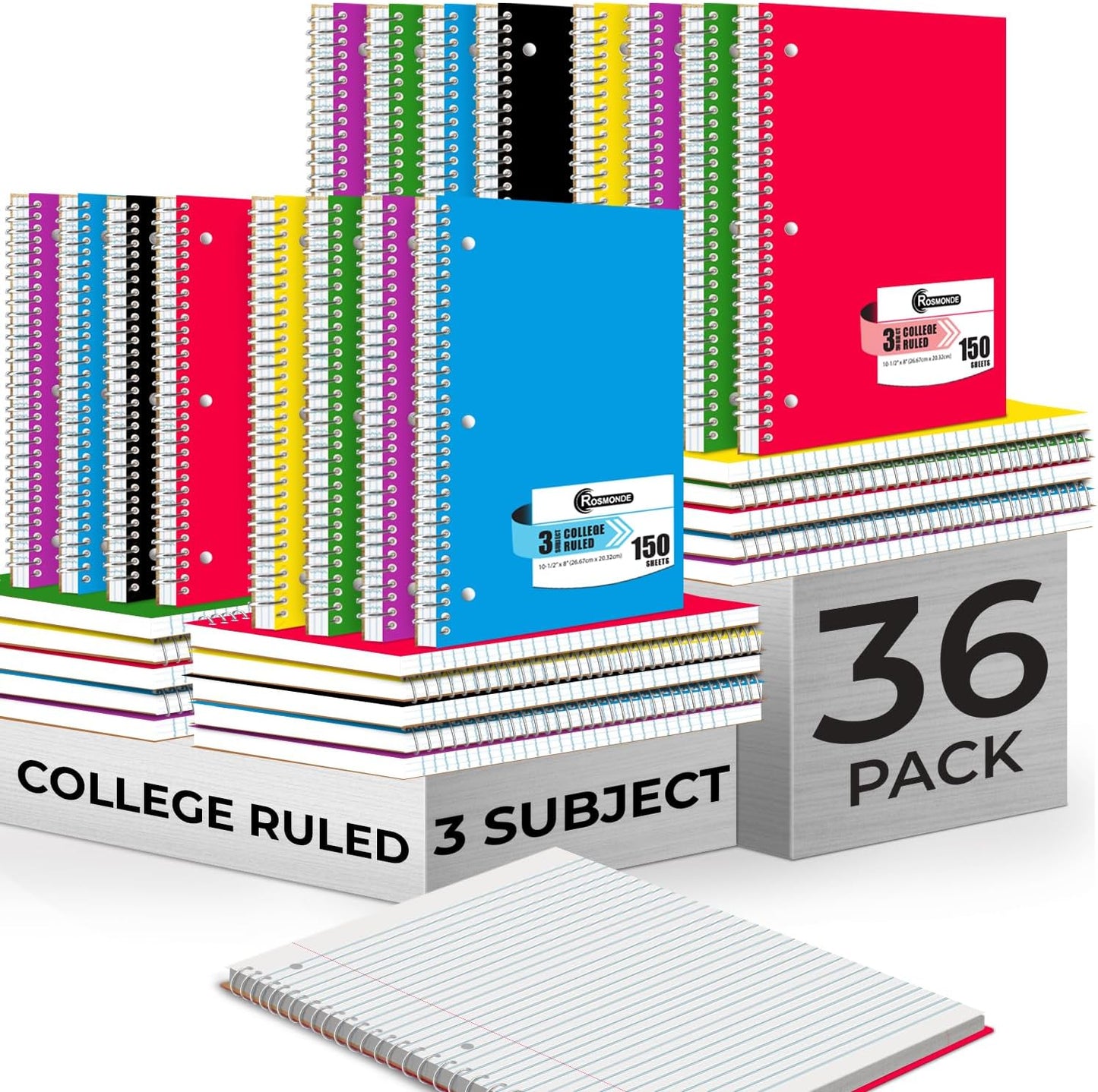 Spiral Notebook, 12 Pack, 1 Subject, College Ruled, 70 Sheets, 8 X 10-1/2", 3 Hole Punched, Bulk College Ruled Spiral Notebook for School, Single Subject Spiral Notebook Bulk, Assorted Colors