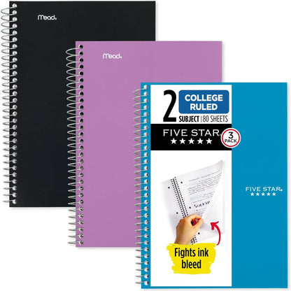 Spiral Notebooks, 3 Pack, 2 Subject, College Ruled, 9 1/2" X 6", 80 Sheets, Black, Tidewater Blue, Amethyst Purple (840029C-ECM)