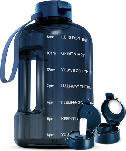 1 Gallon Water Bottle with Time Marker - Straw & Chug Lid - Big Water Bottle with Straw - BPA Free Gym Water Bottle with Handle - Gallon Water Jug (128 Oz - 2 Lids, Gray)