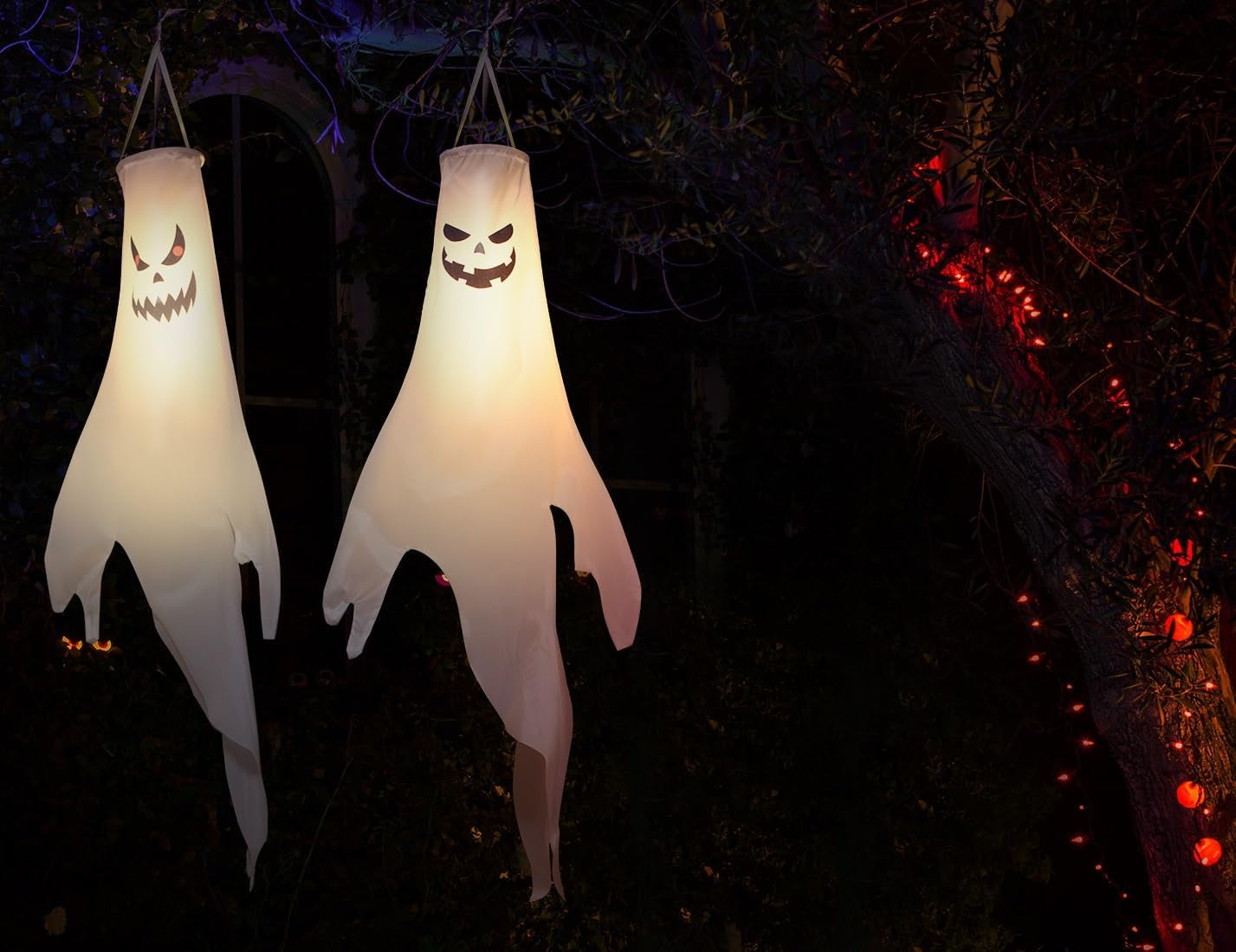 Halloween-Decorations-Outdoor Hanging-Ghost Windsocks for Trees with Timer, LED Ghosts to Hang in Tree Porch Yard, Waterproof, Timer,2 Pcs (No Batteries)