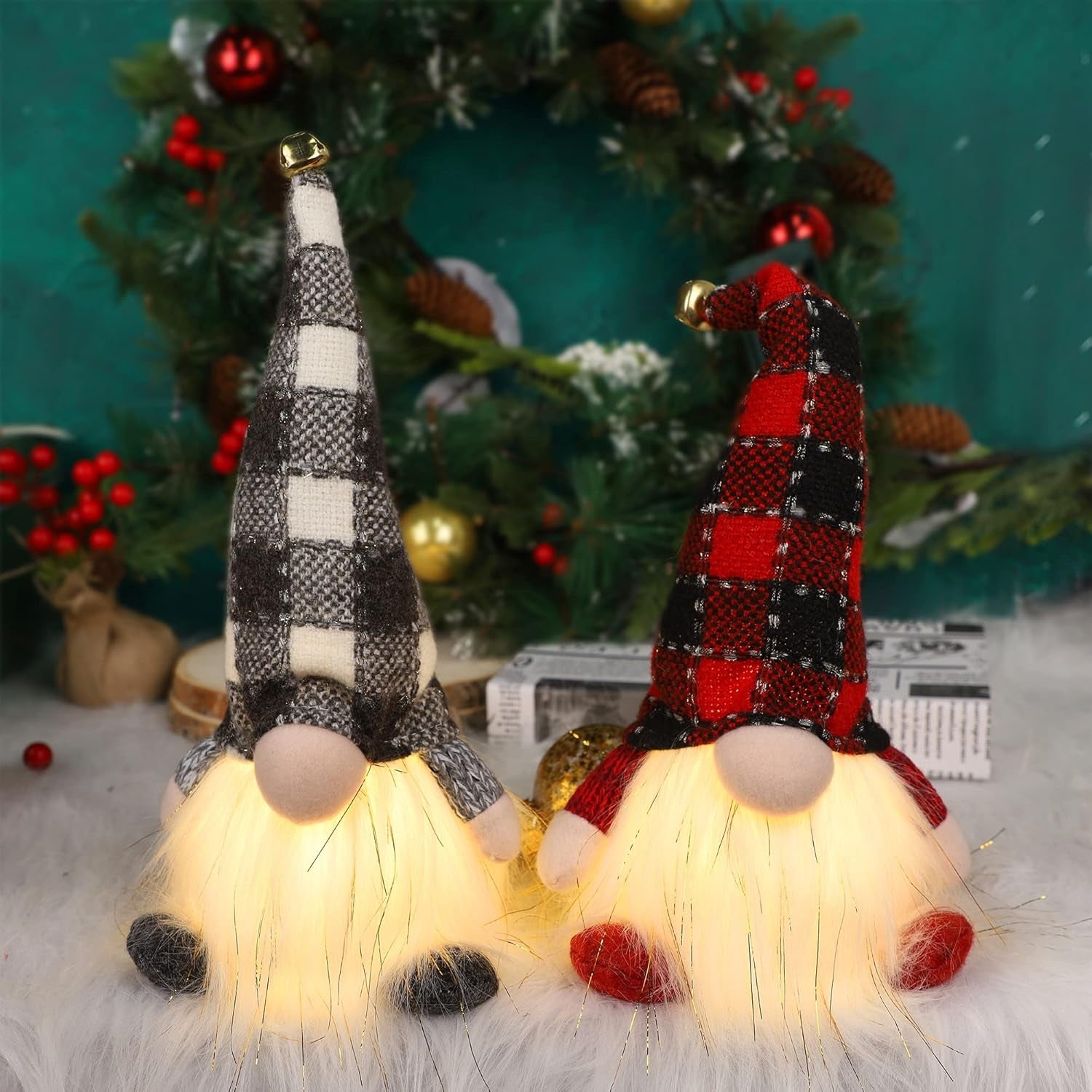 2 Pack Lighted Christmas Gnomes, 12 Inch Handmade Plush Scandinavian Swedish Tomte with Buffalo Plaid Hat, Light up Elf Toy Holiday Present, Battery Operated Xmas Gifts Winter Tabletop Decor