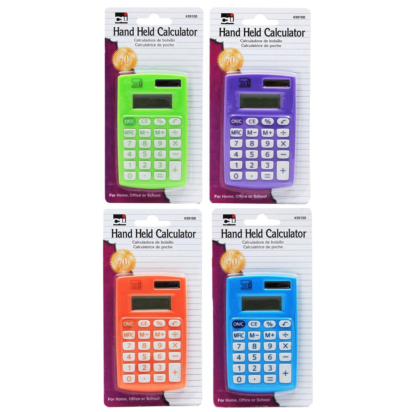 Calculator, Hand Held, 8 Digit, Assorted Colors, Pack of 12, Carded - Loomini