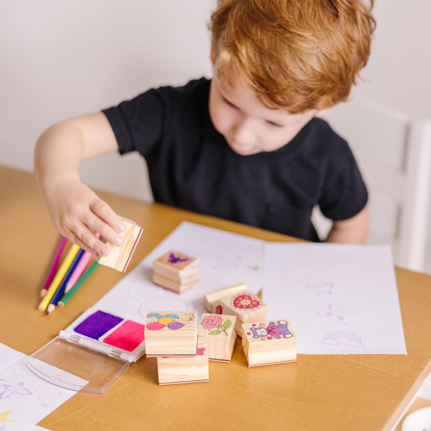 Wooden Stamp Set: Friendship - 9 Stamps, 5 Colored Pencils, and 2-Color Stamp Pad - FSC Certified