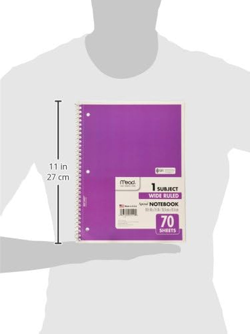 Spiral Notebook, 4 Pack, 1-Subject, Wide Ruled Paper, 7-1/2" X 10-1/2", 70 Sheets per Notebook, Colors Will Vary (72873)