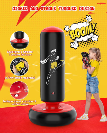 Larger Stable Punching Bag for Kids, Tall 66 Inch Inflatable Boxing Bag, Gifts for Boys & Girls Age 5-12 for Practicing Karate, Taekwondo, MMA and to Relieve Pent up Energy in Kids and Adults
