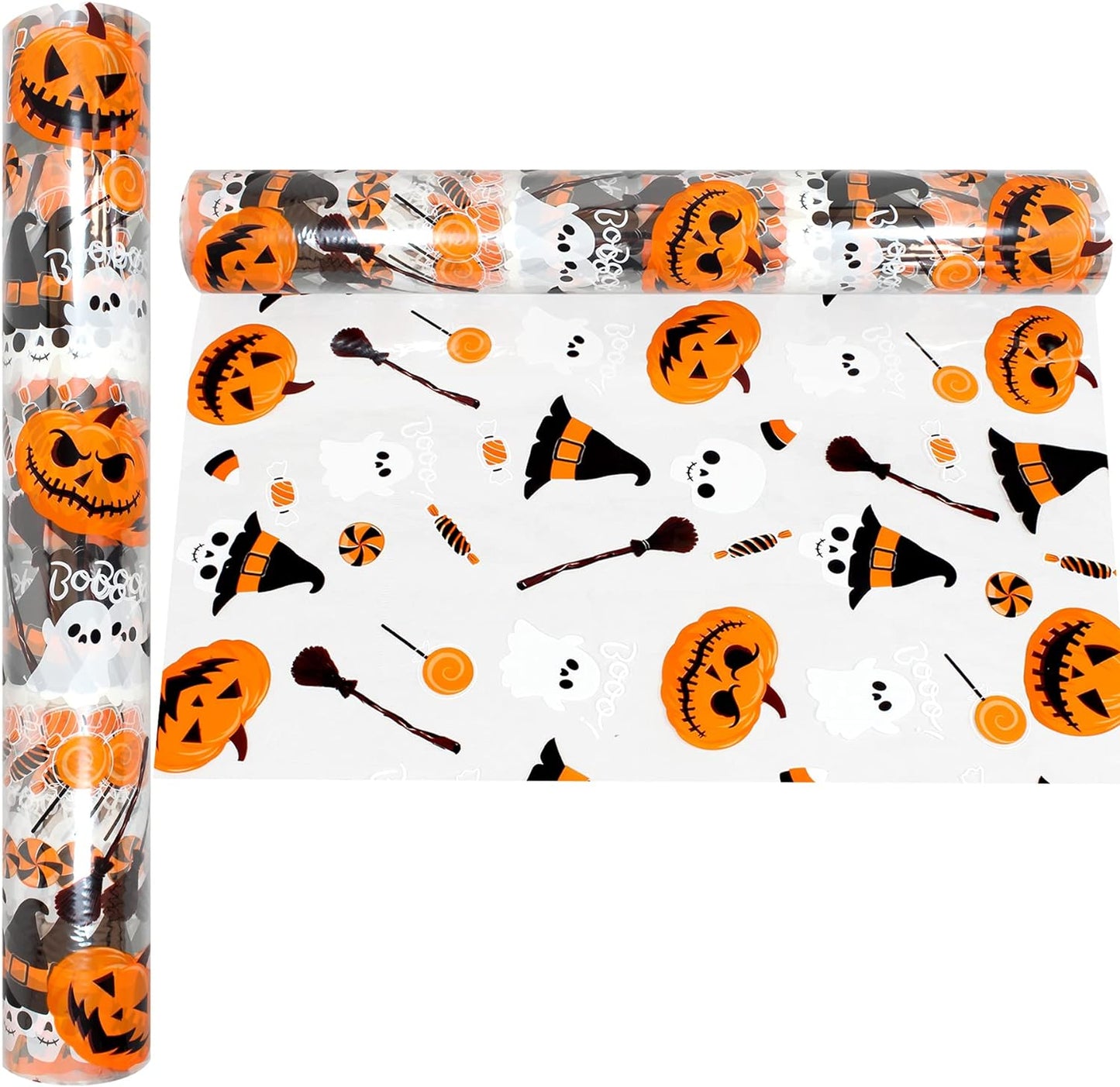 Halloween Cellophane Wrap Roll | 100’ Ft Long X 16” In. Wide | 2.3 Mil Thick, Crystal Clear with Halloween Designs| Gifts, Baskets, Treats Cello Wrapping Paper | Pumpkin, Witches Cello Roll