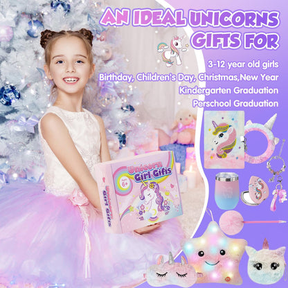 Unicorn Gifts for Girls 4 5 6 7 8 9 10+ Years Old, Kids Unicorns Toys with Light up Plush Star Pillow/Diary/Headband/Eye Mask/Water Bottle, Soft Plush Toys Set for Birthday Gift Christmas