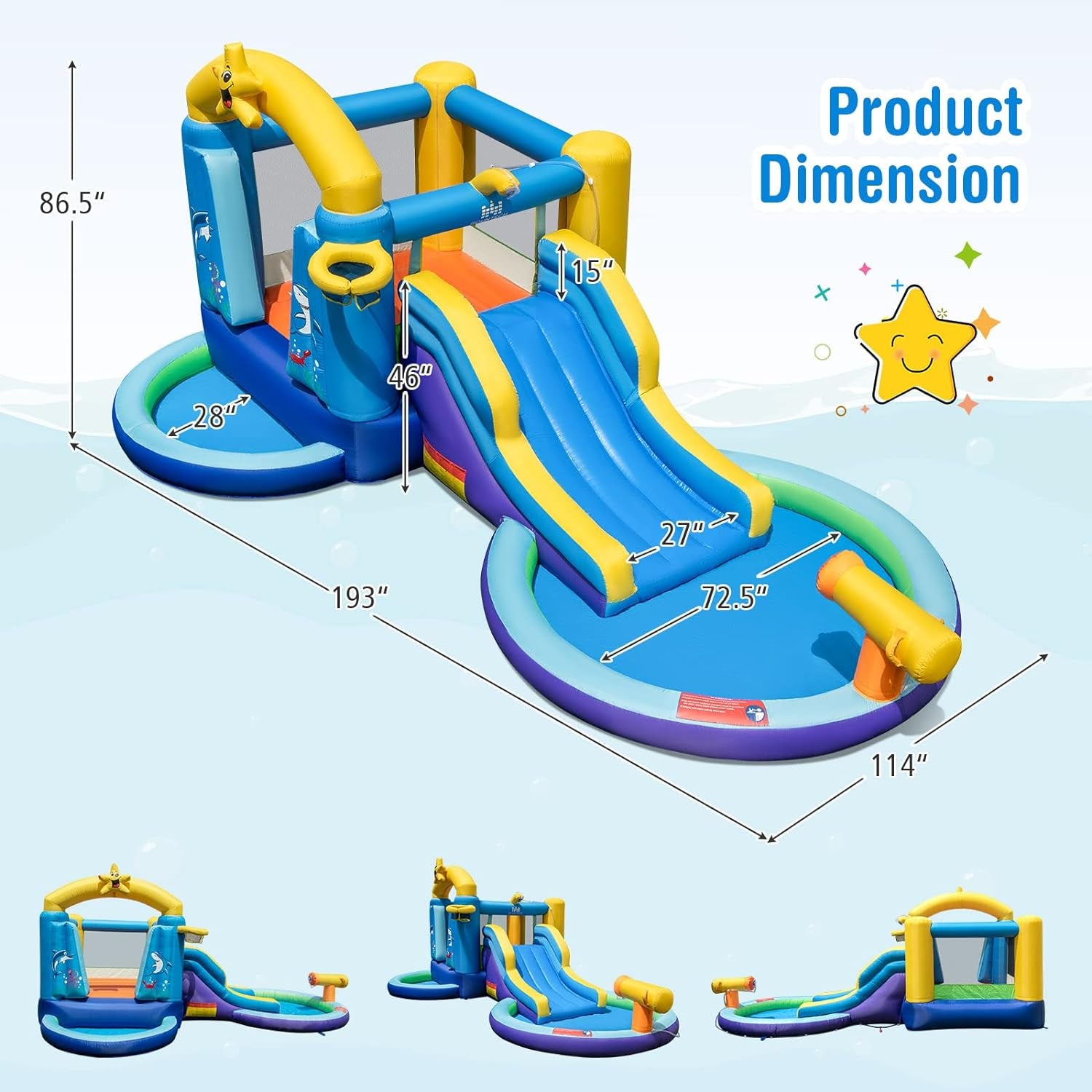 Inflatable Water Slide, 2 in 1 Ocean Bounce House Water Slide with Ball Pit & Splash Pool for Kids Outdoor Fun, Bouncy Castle Waterslides Inflatables for Kids Boys Girls Backyard Party Gifts