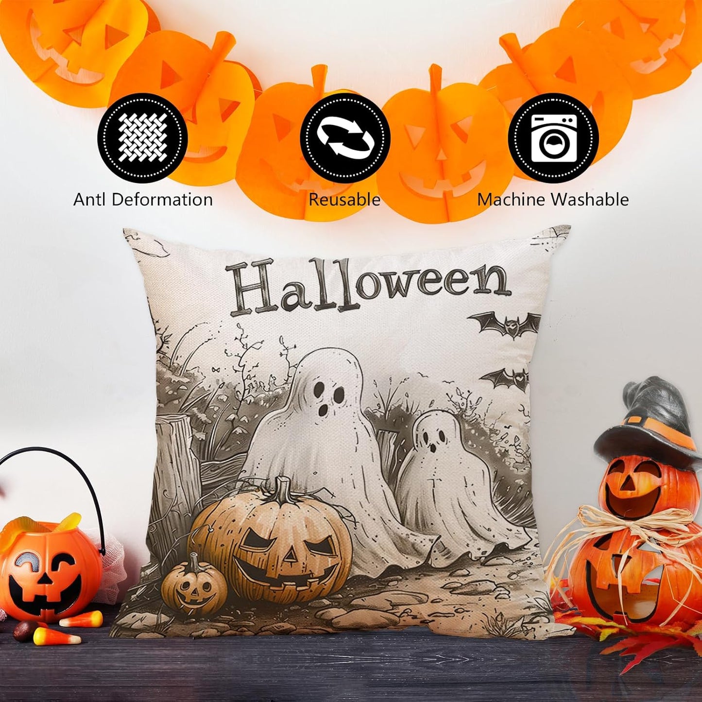 Halloween Pillow Covers 18X18 Set of 4, Boo Throw Pillow Coves Trick or Treat Ghost Evil Pumpkin Home Decor for Pillow Case Happy Halloween Cushion Case for Sofa Couch