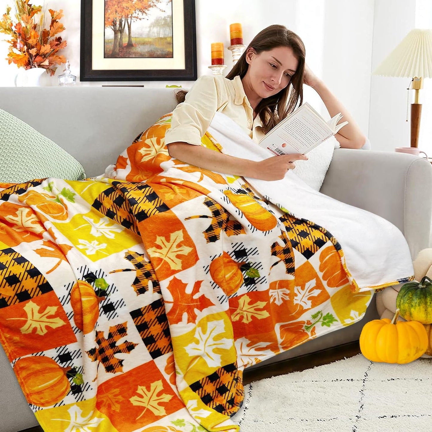 Fall Plaid Throw Blanket 50" X 60", Fall Blankets and Throws, Cozy Fall Fleece Throw Blanket for Couch, Autumn Pumpkin and Leaves Blanket, Fall Throws