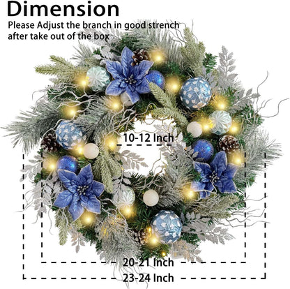 Pre-Lit 24 Inch Christmas Wreath for Front Door Silver Blue Lighted Christmas Door Wreath Decoration with Ball Ornaments, Poinsettia Flowers,Pine Cones, Battery Operated 30 LED Lights