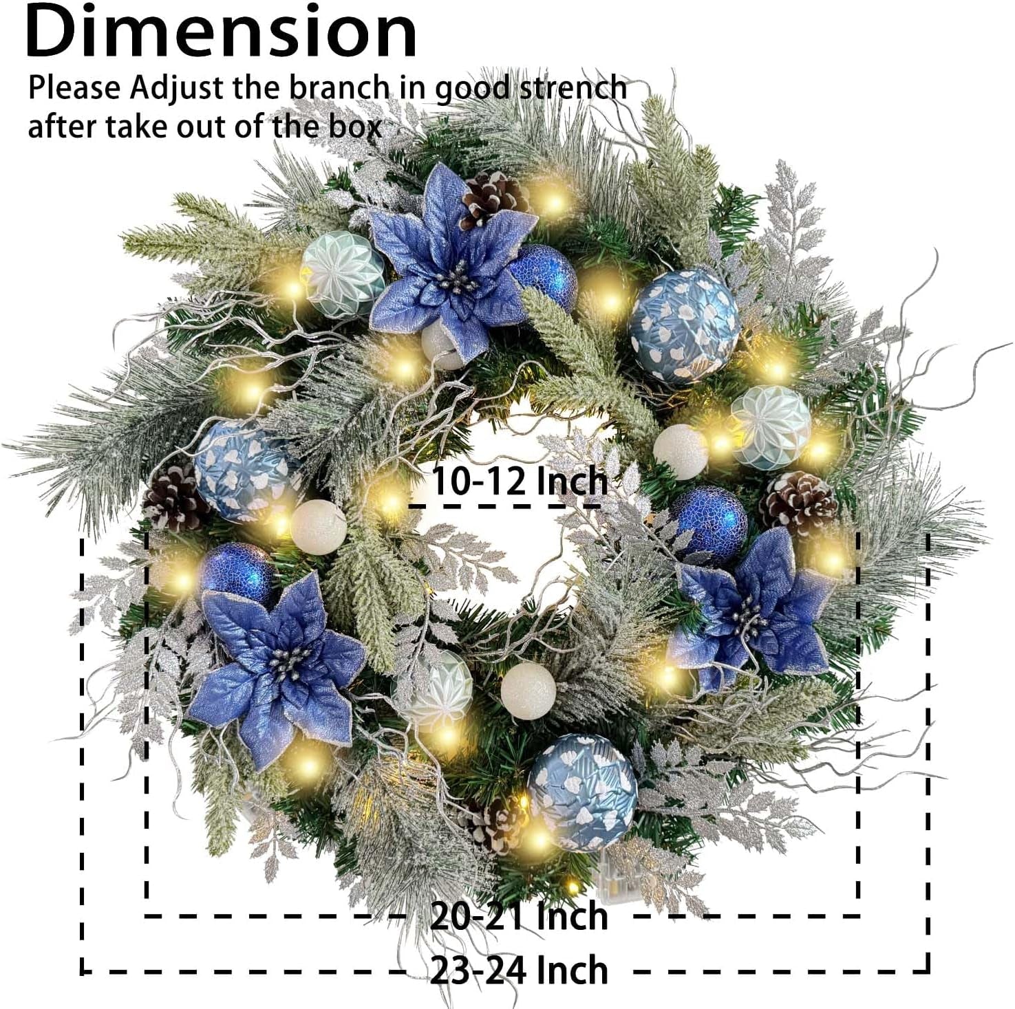 Pre-Lit 20 Inch Lighted Christmas Wreath for Front Door Decoration with Copper Gold Christmas Ball Ornaments,Battery Operated 30 LED Lights