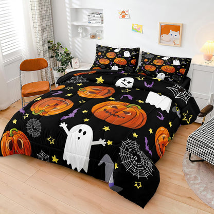 Pumpkin Comforter Set King Size Halloween Comforter Set Girls Boys Kids Cute Orange Pumpkin and White Ghost Printed Design Halloween Bedding Set 4 Pieces Candy and Pumpkin Bedding Sets