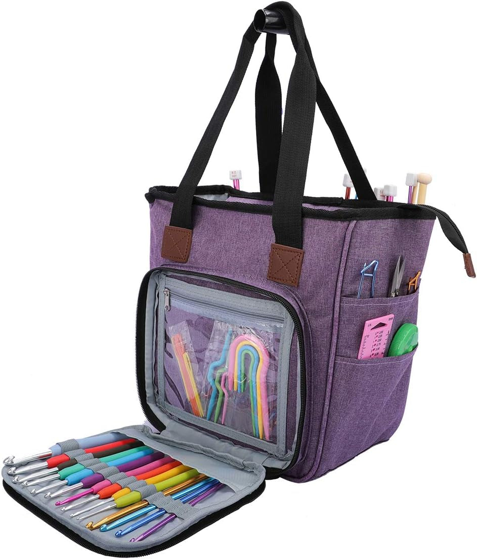 Knitting Bag Yarn Storage Organizer, Portable Knitting Tote Basket Yarn Bags for Crochet Hooks, Crocheting Kit, Knitting Needles, Yarn Balls, Project & Sewing Supplies - No Accessories (Blue)